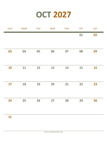 october 2027 printable calendar