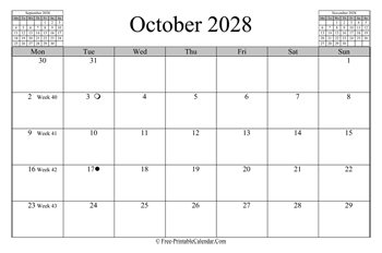 october 2028 calendar horizontal