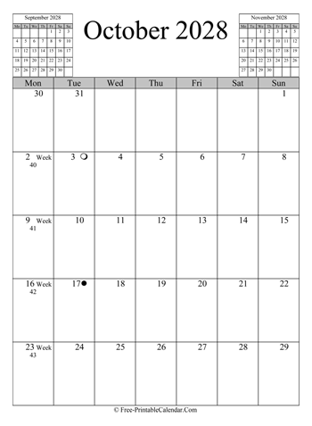 october 2028 calendar vertical