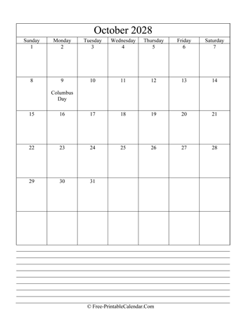 october 2028 editable calendar with notes space