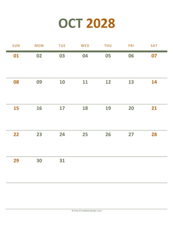 october 2028 printable calendar