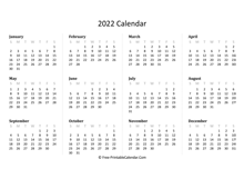 printable 2022 calendar horizontal