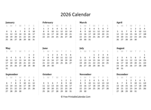 printable 2026 calendar horizontal