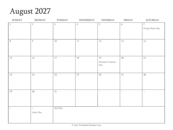 printable august calendar 2027 holidays