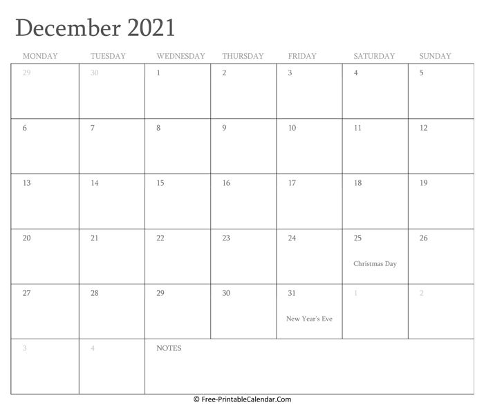 Printable December Calendar 2021 with Holidays