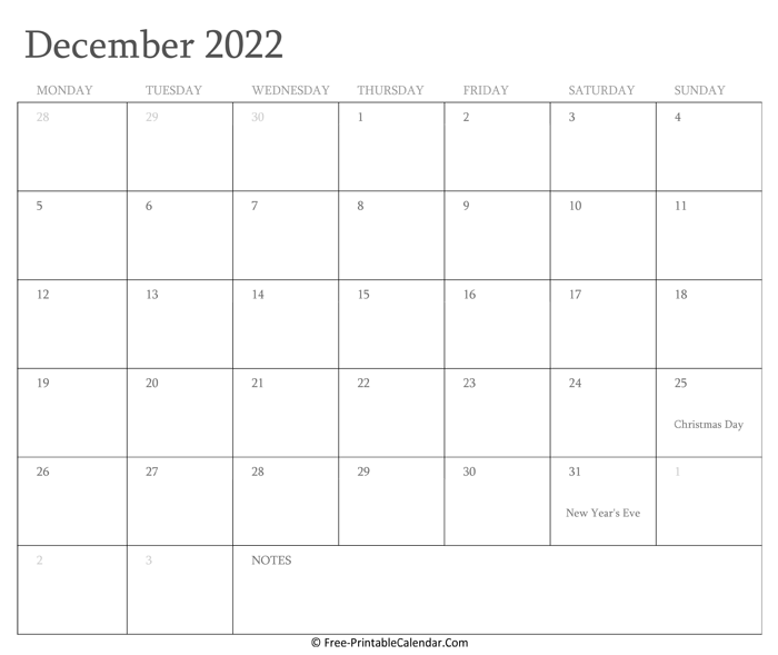 Printable December Calendar 2022 with Holidays