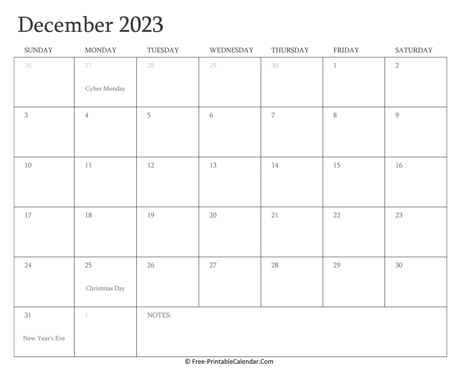 Printable December Calendar 2023 with Holidays