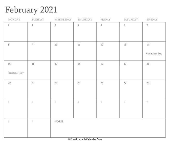 Printable February Calendar 2021 with Holidays