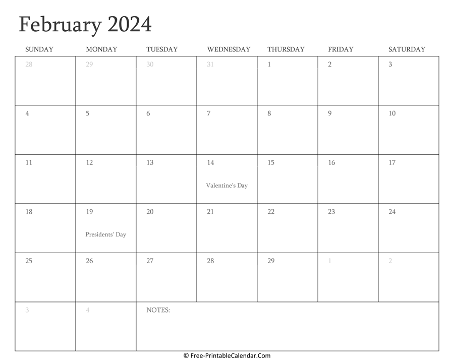 Printable February Calendar 2024 with Holidays