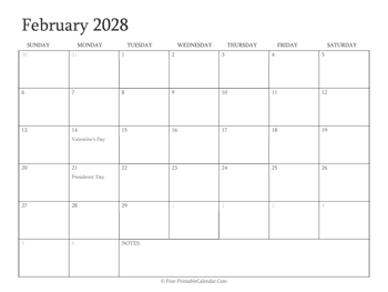 printable february calendar 2028