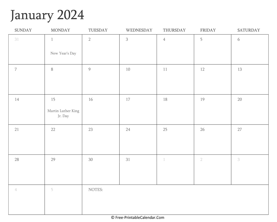 Printable January Calendar 2024 with Holidays