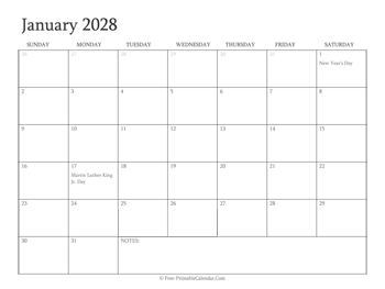 printable january calendar 2028 holidays