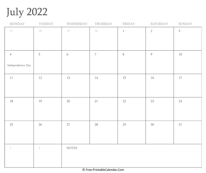 Printable July Calendar 2022 with Holidays