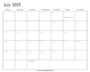 printable july calendar 2025