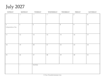 printable july calendar 2027 holidays