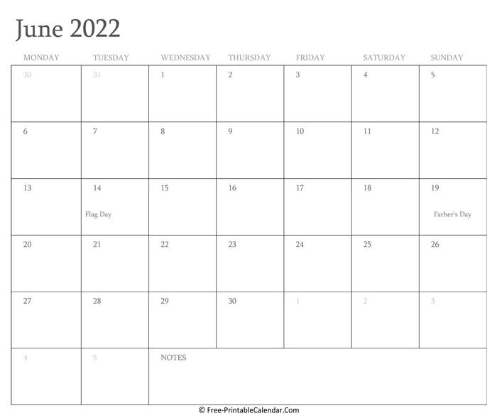 Printable June Calendar 2022 with Holidays
