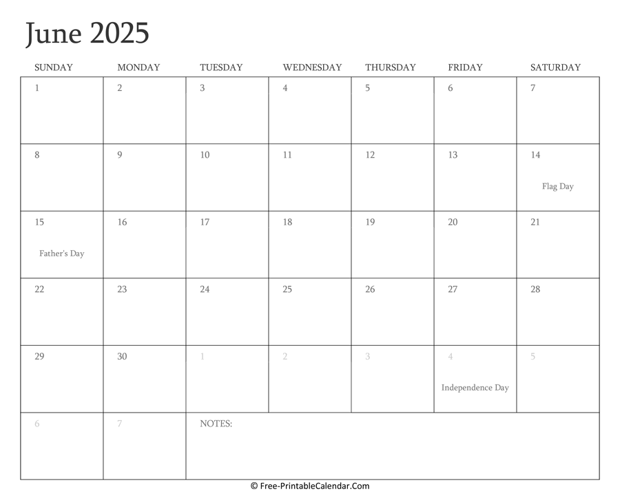 Printable June Calendar 2025 with Holidays