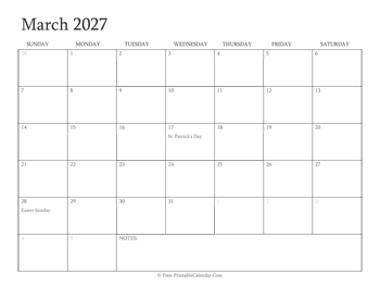 printable march calendar 2027