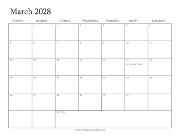 printable march calendar 2028 holidays