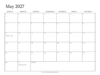 printable may calendar 2027 holidays
