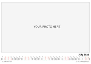 printable monthly photo calendar july 2022