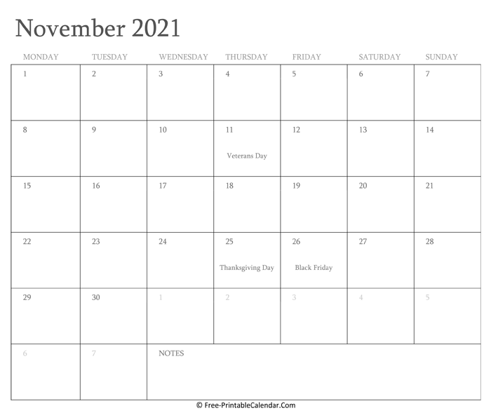 Printable November Calendar 2021 with Holidays