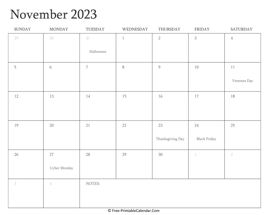 Printable November Calendar 2023 with Holidays