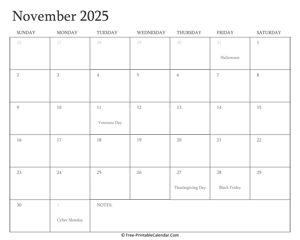 printable november calendar 2025
