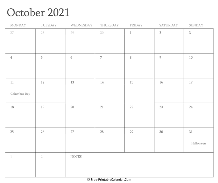 Printable October Calendar 2021 with Holidays