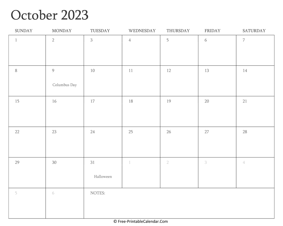 Printable October Calendar 2023 with Holidays