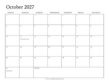 printable october calendar 2027 holidays