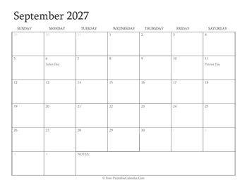printable september calendar 2027 holidays
