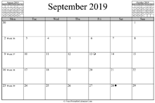 September 2019 Calendar (horizontal)