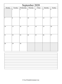 september 2020 editable calendar with notes space