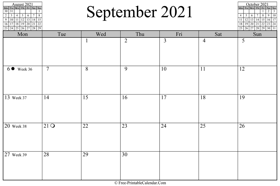september 2021 Calendar (horizontal layout)