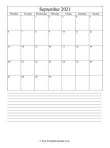 september 2021 editable calendar notes portrait