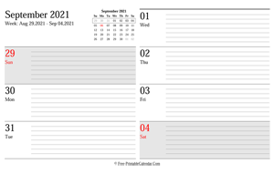september 2021 weekly calendar planner landscape layout