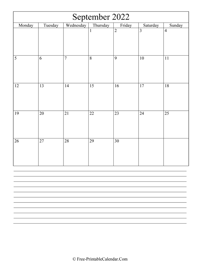 september 2022 Editable Calendar with notes