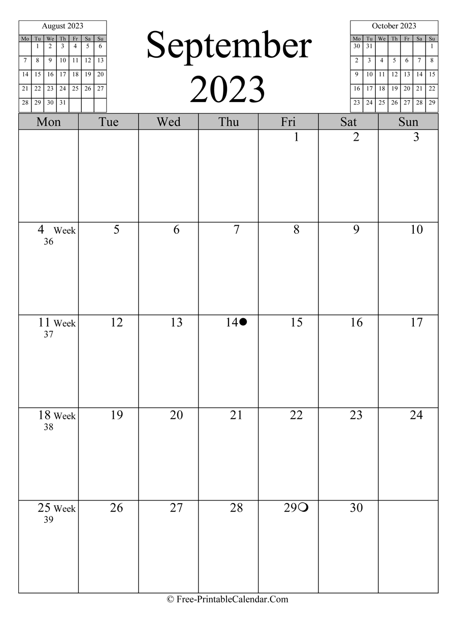 september 2023 Calendar (vertical layout)