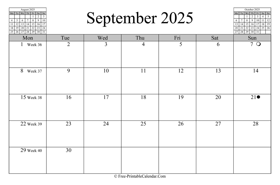 september 2025 Calendar (horizontal layout)