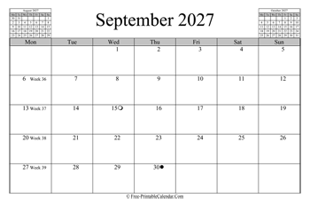 september 2027 calendar horizontal