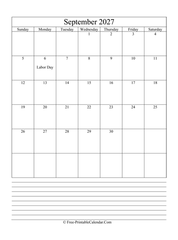 september 2027 editable calendar notes portrait