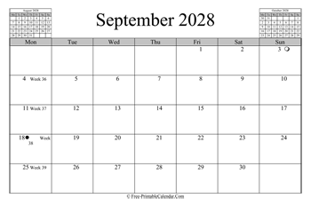 september 2028 calendar horizontal