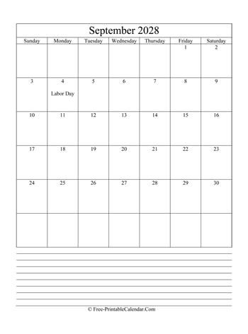 september 2028 editable calendar with notes space