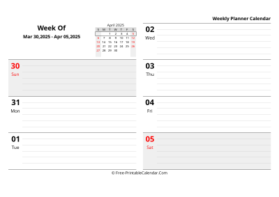 april 2025 weekly schedule template, landscape layout