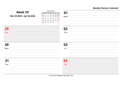 april 2026 weekly schedule template, landscape layout
