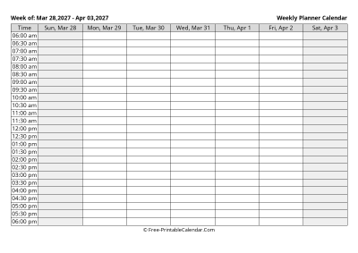 april 2027 weekly calendar template, landscape layout