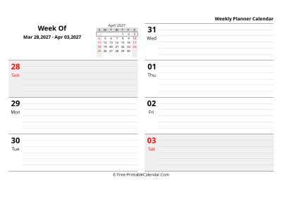 april 2027 weekly schedule template, landscape layout