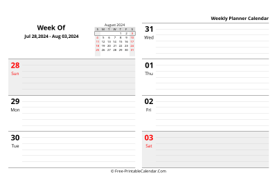 august 2024 weekly schedule template, landscape layout