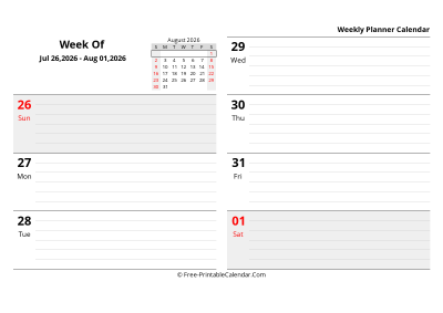 august 2026 weekly schedule template, landscape layout